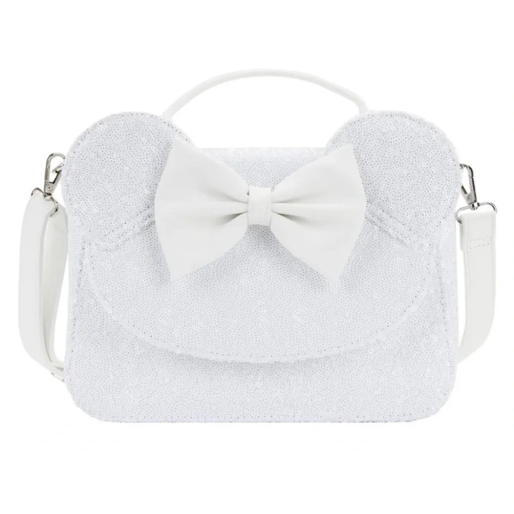 2pc. Loungefly Ltd Ed Minnie Mouse White Sequin Wedding Crossbody Bag & Wallet